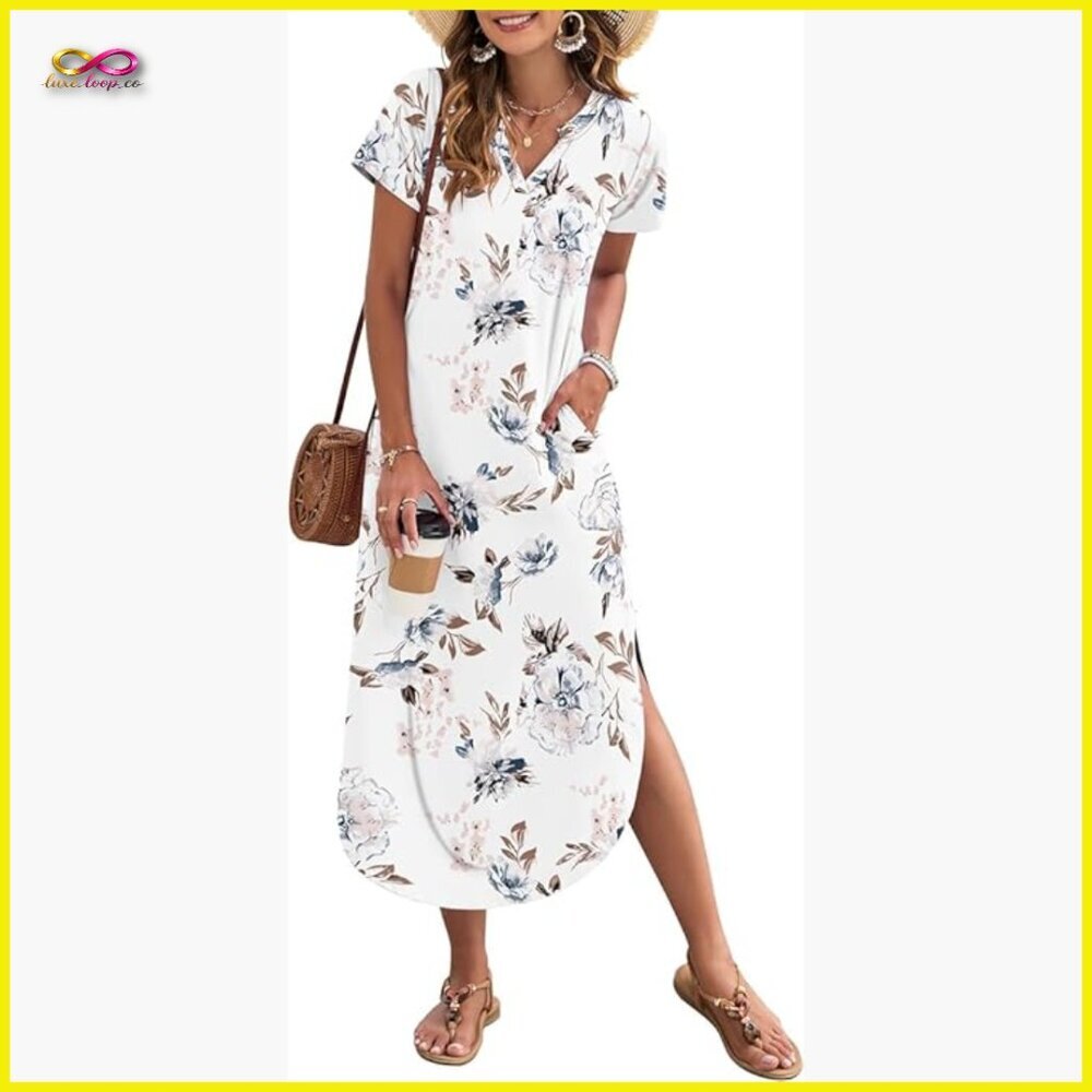 Summer Maxi Dress Casual V Neck Loose Fit Split Long Beach Sundress Chic